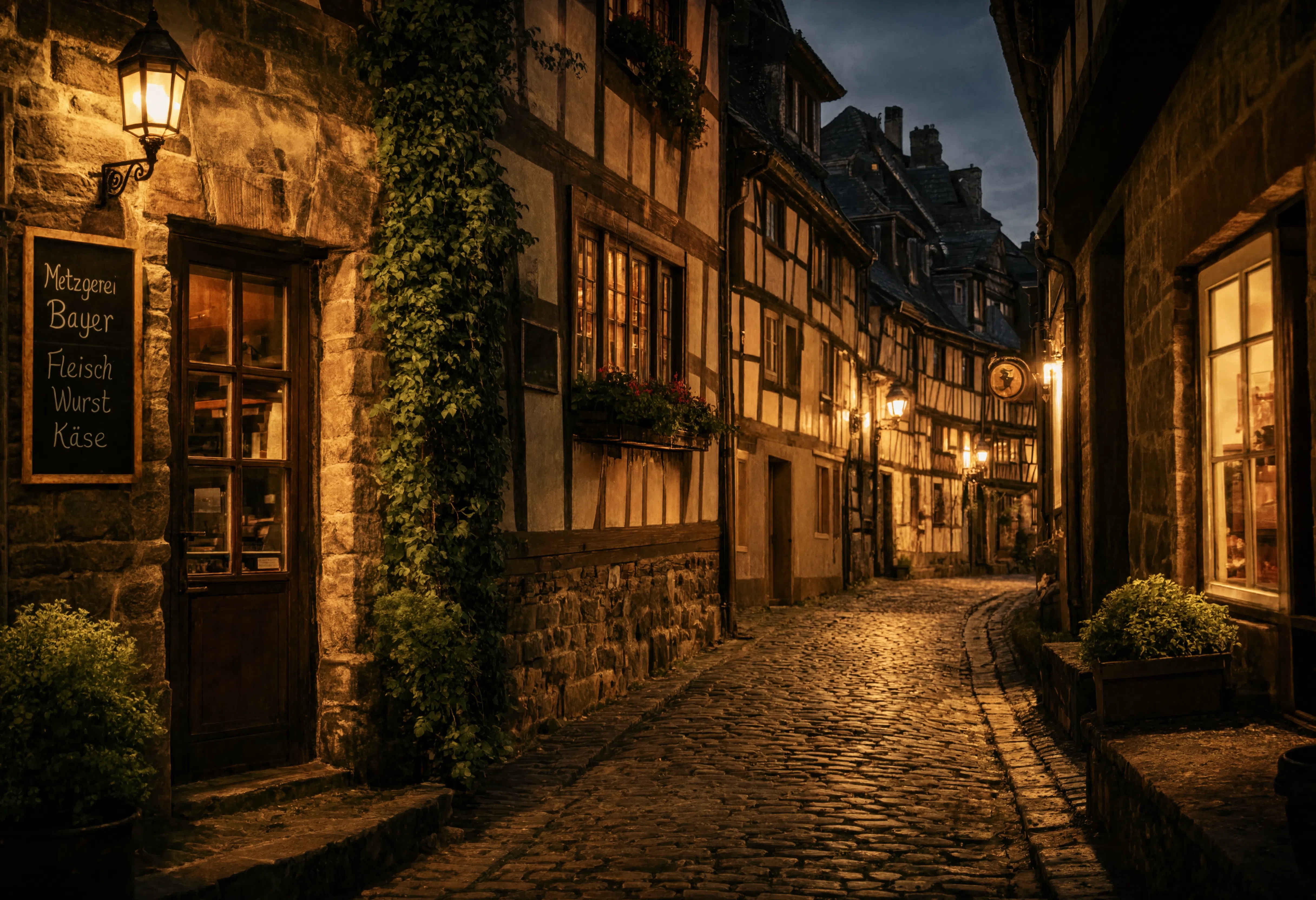 Historische Gasse in einem deutschen Altstadtviertel bei Abenddämmerung